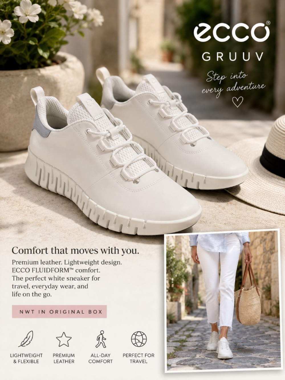 NWT ECCO Gruuv White Leather Sneakers EU 42 | Fluidform Comfort | Travel Walking